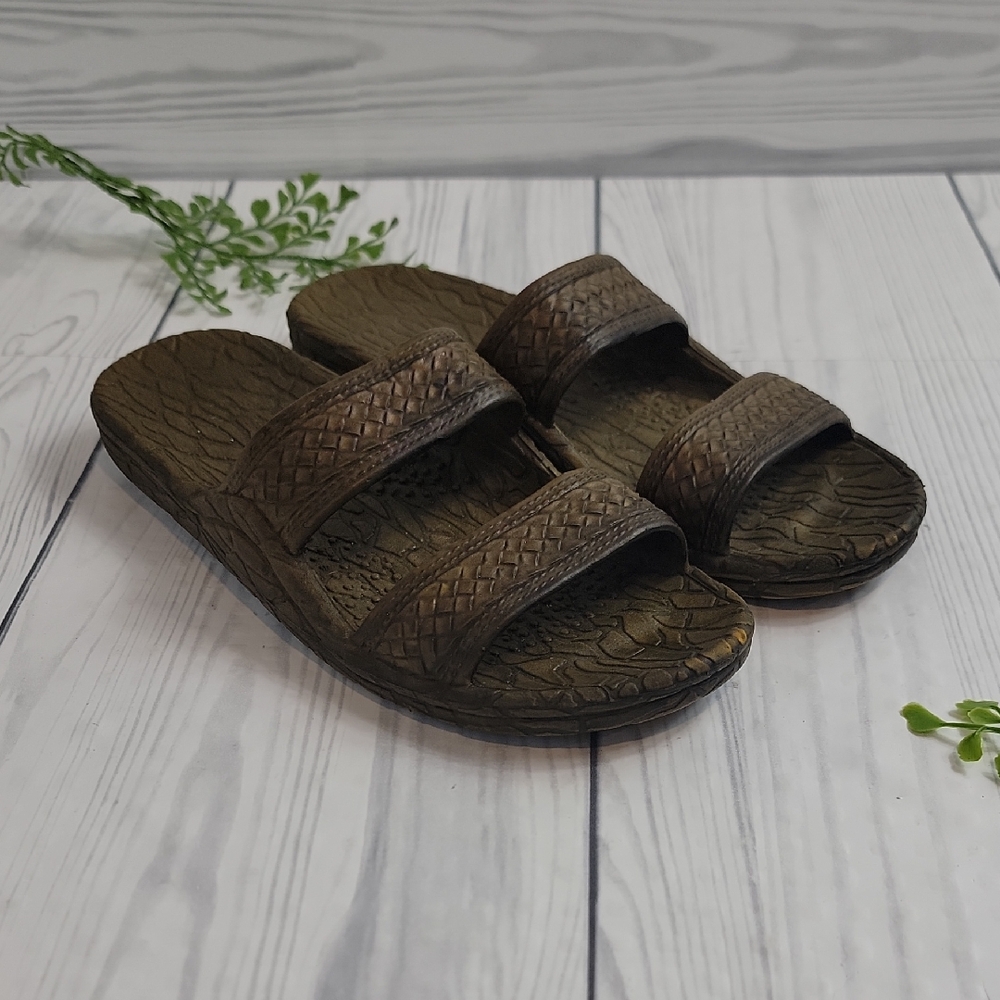 Pali Hawaii Slide Sandals Brown Textured Double Strap Womens Size 8